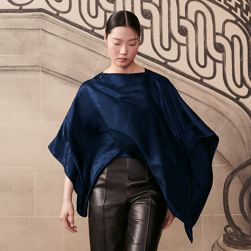 HERMES エルメス ストール コーチング ペルル ブルーノワール コーチング ペルル ブルーノワール ポンチョ ストール シルク ダーク